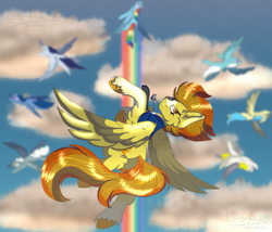 Size: 3895x3334 | Tagged: safe, artist:bryony6210, artist:bryonythewolf, imported from derpibooru, rainbow dash, spitfire, pegasus, pony, cloud, female, flying, mare, outdoors, rainbow trail, sky, unshorn fetlocks