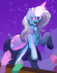 Size: 2528x3218 | Tagged: safe, artist:bryony6210, artist:bryonythewolf, imported from derpibooru, trixie, pony, unicorn, brooch, cape, cheek fluff, chest fluff, clothes, ear fluff, female, glowing, glowing horn, hatless, horn, jewelry, leg fluff, magic, magic aura, mare, missing accessory, night, night sky, open mouth, outdoors, rearing, sky, solo, stars, trixie's brooch, trixie's cape, unshorn fetlocks