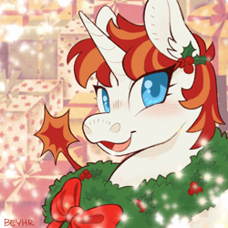 Size: 1500x1500 | Tagged: safe, artist:beyhr, imported from derpibooru, oc, oc only, oc:wow factor, pony, unicorn, blue eyes, blushing, christmas, ear fluff, eye clipping through hair, eyelashes, female, holiday, holly, horn, icon, looking away, mare, open mouth, open smile, ponysona, profile picture, real life background, red mane, signature, smiling, solo, three quarter view, two toned mane, unicorn horn, unicorn oc, white coat, wide eyes, wreath