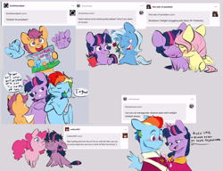 Size: 7800x6000 | Tagged: safe, artist:chub-wub, imported from derpibooru, fluttershy, pinkie pie, rainbow dash, scootaloo, trixie, twilight sparkle, earth pony, pegasus, pony, unicorn, ask, badge, bangs, beard, blue coat, blue eyes, blue mane, blue tail, blushing, chest fluff, chibi, clothes, colored, colored sketch, crossed hooves, curly mane, curly tail, cute, cutealoo, dialogue, drawing, evil twilight, eyebrows, eyebrows visible through hair, eyelashes, eyes closed, facial hair, female, flat colors, flirting, flower, frown, glowing, glowing horn, gray background, hatching (technique), holding, hoof hold, horn, kneeling, lesbian, lidded eyes, looking away, lying down, magic, male, mare, messy mane, messy tail, missing cutie mark, multicolored hair, multicolored mane, no pupils, nonbinary, nudging, nuzzling, on one knee, one eye closed, open mouth, open smile, orange coat, partially open wings, pink mane, pink tail, prone, purple coat, purple eyes, purple mane, rainbow hair, raised eyebrow, red eyes, requested art, rose, scootadoption, shipping, short mane twilight sparkle, simple background, sitting, sketch, smiling, speech bubble, tail, talking, telekinesis, text, three toned mane, trans male, trans rainbow dash, trans twilight sparkle, transgender, tumblr, twidash, twilight sparkle is not amused, twinkie, twishy, twixie, two toned mane, two toned tail, unamused, unicorn twilight, uniform, wall of tags, wings, wink, yellow coat