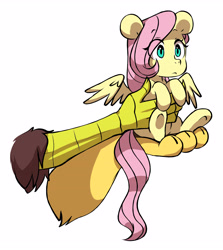 Size: 3665x4104 | Tagged: safe, artist:chub-wub, imported from derpibooru, discord, fluttershy, draconequus, pegasus, pony, cute, duo, duo male and female, female, high res, holding a pony, it's dangerous to go alone, male, mare, offscreen character, shyabetes, simple background, smol, solo focus, underhoof, white background, wings