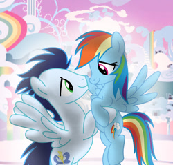 Size: 1280x1225 | Tagged: safe, artist:soarindasher10, imported from derpibooru, rainbow dash, soarin', pegasus, pony, female, looking at each other, looking at someone, male, mare, outdoors, shipping, smiling, smiling at each other, soarindash, stallion, straight