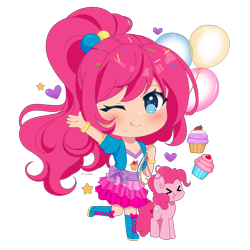 Size: 5000x5000 | Tagged: safe, artist:kittyrosie, imported from derpibooru, kotobukiya, pinkie pie, earth pony, human, pony, ><, absurd resolution, chibi, cute, eyes closed, female, flower, heart, heart eyes, human ponidox, humanized, kotobukiya pinkie pie, one eye closed, open mouth, self paradox, self ponidox, simple background, solo, tongue out, transparent background, wingding eyes