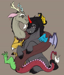 Size: 5112x6026 | Tagged: safe, artist:chub-wub, imported from derpibooru, discord, king sombra, draconequus, pony, unicorn, a better ending for sombra, cuddling, cute, daaaaaaaaaaaw, duo, duo male, eyes closed, facial hair, fangs, gay, goatee, gray background, horn, hug, male, missing cutie mark, shipping, simple background, sombracord, stallion, unshorn fetlocks, what if