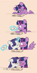 Size: 2744x5440 | Tagged: safe, artist:chub-wub, imported from derpibooru, rarity, twilight sparkle, alicorn, pony, unicorn, 4 panel comic, bedroom eyes, blushing, book, comic, cute, duo, duo female, eye contact, eyes closed, female, glasses, glowing, glowing horn, horn, kissing, lesbian, levitation, looking at each other, looking at someone, looking at something, magic, magic aura, mare, raribetes, rarilight, reading, shipping, spread wings, telekinesis, twiabetes, twilight sparkle (alicorn), wingboner, wings