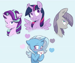 Size: 5677x4800 | Tagged: safe, artist:chub-wub, imported from derpibooru, maud pie, starlight glimmer, trixie, twilight sparkle, alicorn, earth pony, pony, unicorn, blue background, blushing, female, floppy ears, heart, horn, lesbian, letter, love letter, mare, mauxie, redraw, shipping, simple background, smiling, spread wings, startrix, trixie gets all the mares, twilight sparkle (alicorn), twixie, wings