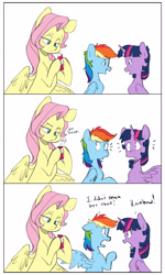 Size: 2656x4428 | Tagged: safe, artist:chub-wub, imported from derpibooru, fluttershy, rainbow dash, twilight sparkle, alicorn, pegasus, pony, 3 panel comic, annoyed, bad influence, comic, concave belly, female, folded wings, fuck, horn, looking at each other, looking at someone, looking at something, mare, open mouth, raised hoof, shocked, shocked expression, slender, spread wings, swearyshy, talking, thin, trio, trio female, twilight sparkle (alicorn), vulgar, wings