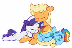 Size: 3206x2132 | Tagged: safe, artist:chub-wub, imported from derpibooru, applejack, rainbow dash, rarity, earth pony, pegasus, pony, unicorn, appledash, backwards cutie mark, cuddle puddle, cuddling, eyes closed, female, folded wings, freckles, horn, lesbian, lying down, mare, missing accessory, polyamory, pony pile, raridash, rarijack, rarijackdash, shipping, simple background, sitting, sleeping, trio, trio female, white background, wings