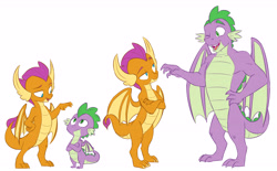 Size: 6789x4213 | Tagged: safe, artist:chub-wub, imported from derpibooru, smolder, spike, dragon, :/, best friends, crossed arms, dragoness, duo, duo male and female, fangs, female, gigachad spike, growth spurt, height difference, implied shipping, implied spolder, implied straight, male, older, older smolder, older spike, one eye closed, simple background, teenage spike, teenaged dragon, teenager, white background, winged spike, wings, wink