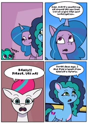 Size: 1131x1600 | Tagged: safe, artist:delilah1_riley, imported from derpibooru, izzy moonbow, zipp storm, dragon, pegasus, pony, unicorn, comic:pipp the poltergeist, fanfic:pipp the poltergeist, baby, baby dragon, comic, commission, dialogue, fanfic art, female, g5, horn, implied opaline arcana, implied pipp petals, male, mare, misty brightdawn, my little pony: tell your tale, outdoors, sparky sparkeroni