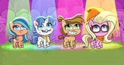 Size: 1080x566 | Tagged: safe, imported from derpibooru, screencap, buttershy, desert weave, fancypants, earth pony, pegasus, pony, unicorn, my little pony: pony life, female, horn, male, mare, orange zest, smiling, sportacular spectacular musical musak-ular, stallion