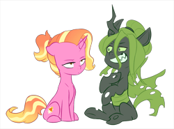 Size: 1280x945 | Tagged: safe, artist:chub-wub, imported from derpibooru, luster dawn, oc, oc:wisteria, changeling, changeling queen, pony, unicorn, fanfic:product of friendship, changeling oc, changeling queen oc, duo, duo female, fanfic art, female, female oc, filly, floppy ears, foal, green changeling, horn, looking at each other, looking at someone, luster dawn is not amused, raised hoof, simple background, sitting, transparent background, unamused, unicorn oc