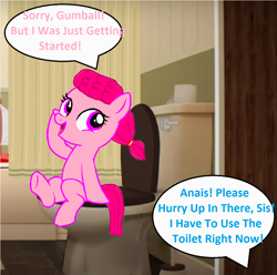 Size: 1068x1060 | Tagged: safe, artist:memeartboi, imported from derpibooru, earth pony, pony, anais watterson, bathroom, but why, female, filly, foal, indoors, ponified, sitting, sitting on toilet, solo, speech bubble, text, the amazing world of gumball, toilet, toilet humor, toilet paper