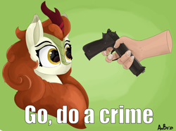 Size: 3899x2895 | Tagged: safe, artist:aubs, imported from derpibooru, autumn blaze, kirin, disembodied hand, go do a crime, gun, hand, handgun, newbie artist training grounds, pistol, weapon