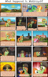 Size: 4844x7785 | Tagged: safe, artist:deyrasd, imported from derpibooru, oc, oc:coalminer, pony, unicorn, absurd resolution, bloodshot eyes, castle, clothes, comic, dress, explosion, female, filly, foal, hard hat, hat, horn, magic, male, mare, methane, mine, miner, pickaxe, poland, polish flag, rainbow, red eyes, stallion, wałbrzych