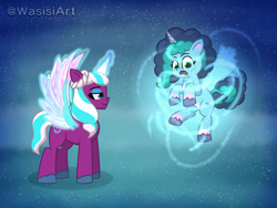 Size: 6000x4500 | Tagged: safe, artist:alejandrogmj, artist:wasisi, imported from derpibooru, opaline arcana, alicorn, pony, unicorn, ascension, ascension realm, g5, glowing, glowing horn, glowing wings, horn, misty brightdawn, wings