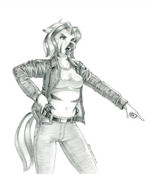 Size: 1130x1300 | Tagged: safe, artist:baron engel, imported from derpibooru, oc, oc only, oc:two tone, anthro, zebra, bare midriff, belly, belly button, breasts, clothes, denim, female, gun, handgun, jacket, jeans, leather, leather jacket, monochrome, pants, pencil drawing, pistol, pointing, simple background, solo, story included, tanktop, traditional art, weapon, white background