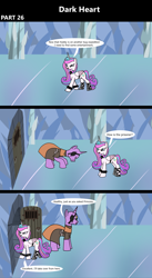 Size: 1920x3516 | Tagged: safe, artist:platinumdrop, imported from derpibooru, princess flurry heart, oc, alicorn, pony, unicorn, comic:dark heart, 3 panel comic, alternate timeline, armor, bowing, clothes, collar, comic, commission, crystal, crystal castle, crystal empire, dark crystal, dialogue, duo, duo male and female, evil, evil flurry heart, eye scar, eyepatch, facial scar, female, folded wings, hallway, horn, indoors, looking at each other, looking at someone, male, mare, older, older flurry heart, robe, scar, smiling, smug, smug smile, speech bubble, spiked collar, spiked wristband, stallion, this will not end well, victorious villain, walking, wings, wristband