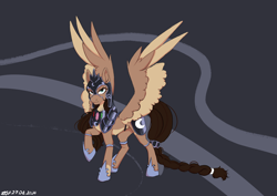 Size: 3508x2480 | Tagged: safe, artist:jjsh, imported from derpibooru, oc, oc only, pegasus, pony, armor, birthmark, braid, braided tail, clothes, colored wings, concave belly, countershading, evil, female, fluffy mane, high res, hoof shoes, large wings, long tail, mare, nightmare moon armor, princess shoes, raised hoof, scar, slender, smiling, solo, spread wings, tail, thin, two toned wings, wing fluff, wings