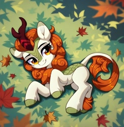 Size: 988x1012 | Tagged: safe, imported from derpibooru, autumn blaze, kirin, pony, ai content, ai generated, autumn, female, generator:purplesmart.ai, generator:stable diffusion, grass, horn, leaf, looking at something, mare, outdoors, prompter:victoria nik, smiling, smiling at something, solo