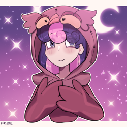 Size: 1950x1950 | Tagged: safe, artist:kekibon, imported from derpibooru, bon bon, sweetie drops, equestria girls, all's fair in love & friendship games, crescent moon, moon, owl costume, signature, smiling, solo, stars