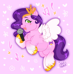 Size: 1280x1303 | Tagged: safe, artist:nullkunst, artist:nullkunstt, imported from derpibooru, pipp petals, pegasus, pony, adorapipp, blush scribble, blushing, chubby, cute, deviantart watermark, ear fluff, female, flying, g5, headband, mare, microphone, music notes, obtrusive watermark, signature, singing, solo, watermark