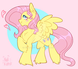 Size: 1280x1139 | Tagged: safe, artist:nullkunst, artist:nullkunstt, imported from derpibooru, fluttershy, pegasus, pony, blush scribble, blushing, deviantart watermark, female, heart, mare, obtrusive watermark, signature, smiling, solo, unshorn fetlocks, watermark