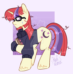 Size: 1024x1038 | Tagged: safe, artist:nullkunst, artist:nullkunstt, imported from derpibooru, moondancer, pony, unicorn, book, clothes, deviantart watermark, female, frazzled hair, glasses, hoof hold, horn, mare, obtrusive watermark, passepartout, signature, solo, sweat, sweatdrop, sweater, watermark