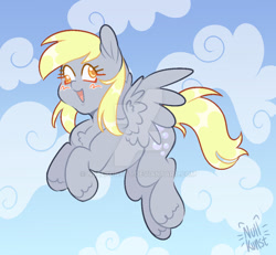 Size: 1024x947 | Tagged: safe, artist:nullkunst, artist:nullkunstt, imported from derpibooru, derpy hooves, pegasus, pony, blush scribble, blushing, cloud, deviantart watermark, female, flying, mare, obtrusive watermark, open mouth, open smile, signature, sky, smiling, solo, watermark