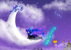 Size: 3200x2262 | Tagged: safe, artist:paajbach, artist:wojtek-ツ, color edit, derpibooru exclusive, edit, imported from derpibooru, nightmare moon, alicorn, candy, canterlot castle, chewing, cloud, collaboration, colored, crescent moon, eating, ethereal mane, flowing mane, flowing tail, food, glowing, glowing eyes, glowing horn, halloween, holiday, horn, mlp fim's fourteenth anniversary, moon, nightmare night, no armor, outdoors, partially open wings, pumpkin bucket, resting, signature, slit pupils, starry mane, starry night, starry tail, tail, tangible heavenly object, wings