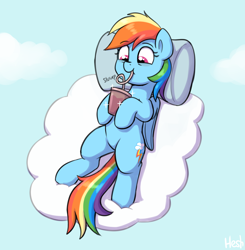 Size: 1764x1797 | Tagged: safe, artist:heretichesh, imported from derpibooru, rainbow dash, pegasus, pony, cloud, crazy straw, cute, dashabetes, drink, drinking, drinking straw, female, hoof hold, lying down, lying on a cloud, mare, on a cloud, on back, onomatopoeia, pillow, signature, slurp, smoothie, solo