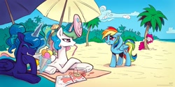 Size: 1920x960 | Tagged: safe, artist:shadowsquirrel, imported from derpibooru, pinkie pie, princess celestia, princess luna, rainbow dash, pony, beach, beach towel, beach umbrella, book, chuckling, cocktail umbrella, drink, drip, food, frisbee, hooves behind head, i can't believe it's not idw, ice cream, ice cream cone, lemon, palm tree, spilled drink, tree