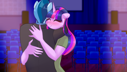 Size: 1920x1080 | Tagged: safe, artist:xjenn9, shining armor, twilight sparkle, anthro, blushing, breasts, clothes, female, hug, male, solo, solo female