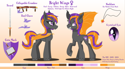 Size: 4500x2500 | Tagged: safe, artist:the_mpc, imported from derpibooru, oc, oc only, bat pony, pony, bat pony oc, bat wings, buff, crossbow, female, hoof claws, jewelry, mare, muscles, necklace, pendant, reference, reference sheet, solo, sword, tall, weapon, wings