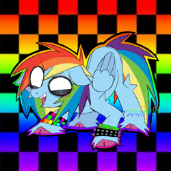 Size: 1280x1280 | Tagged: safe, artist:s0ur_fart6969, imported from derpibooru, rainbow dash, pegasus, pony, abstract background, ass up, blank eyes, blush lines, blushing, checkered background, cloven hooves, emo, eye clipping through hair, eyebrows, eyebrows visible through hair, fangs, female, fluffy, folded wings, implied lesbian, lidded eyes, mare, open mouth, open smile, outline, pixel-crisp art, rainbow background, rainbow wristband, scemo, scene, smiling, solo, spiked wristband, unshorn fetlocks, watermark, wings, wristband