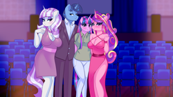 Size: 1920x1080 | Tagged: safe, artist:xjenn9, night light, princess cadance, twilight sparkle, twilight velvet, anthro, breasts, cleavage, clothes, dress, female, male, trio, trio female