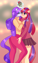 Size: 2418x4000 | Tagged: safe, artist:xjenn9, moondancer, rarity, anthro, breasts, clothes, duo, duo female, eyes closed, female, solo, solo female