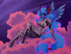 Size: 4000x3054 | Tagged: safe, artist:xjenn9, princess luna, anthro, armor, boots, breasts, clothes, cloud, female, gloves, night, shoes, sitting, solo, solo female