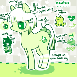 Size: 700x700 | Tagged: safe, artist:matcharoll, imported from derpibooru, oc, oc only, oc:matcha (matcharoll), oc:meron, earth pony, food pony, frog, original species, pony, 2012, beanbrows, checkered background, clothes, color palette, eyebrows, food, green eyes, hairclip, leg stripes, lidded eyes, no mouth, no nose, ponified, reference sheet, scarf, striped scarf, stripes, tail beads, white pupils