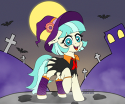 Size: 3042x2525 | Tagged: safe, artist:wojtek-ツ, colorist:angeldusk17, imported from derpibooru, coco pommel, bat, earth pony, pony, clothes, collaboration, colored, eager, fangs, flat colors, gravestone, looking at you, mist, mlp fim's fourteenth anniversary, moon, open mouth, signature, socks, standing, stockings, thigh highs, witch costume