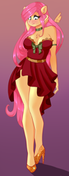 Size: 1584x4000 | Tagged: safe, artist:xjenn9, fluttershy, anthro, blushing, breasts, cleavage, clothes, dress, female, high heels, shoes, solo, solo female