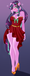 Size: 1584x4000 | Tagged: safe, artist:xjenn9, starlight glimmer, anthro, blushing, breasts, cleavage, clothes, dress, female, high heels, shoes, solo, solo female