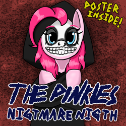 Size: 2000x2000 | Tagged: safe, artist:mano_m, imported from derpibooru, pinkie pie, earth pony, pony, album cover, album parody, bust, clothes, crossed arms, female, looking at you, makeup, mare, misfits, misspelling, mlp fim's fourteenth anniversary, punk, robe, simple background