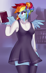 Size: 2550x4000 | Tagged: safe, artist:xjenn9, rainbow dash, anthro, book, breasts, clothes, dress, female, solo, solo female