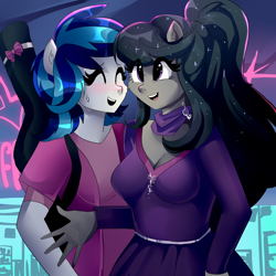 Size: 4000x4000 | Tagged: safe, artist:xjenn9, dj pon-3, octavia melody, vinyl scratch, anthro, blushing, breasts, clothes, duo, duo female, eyes closed, female