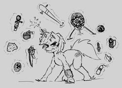 Size: 1354x987 | Tagged: safe, artist:pencilfriend, imported from derpibooru, oc, oc only, oc:littlepip, pony, unicorn, fallout equestria, angry, assault rifle, balefire bomb, baseball bat, cutie mark, drawpile, dynamite, explosives, female, grenade, gun, handgun, horn, knife, looking at you, magic, magic aura, memory orb, minigun, monochrome, pipbuck, pointing gun, revolver, rifle, rock, shotgun, simple background, sketch, sniper, sniper rifle, solo, solo female, sweat, threatening, weapon