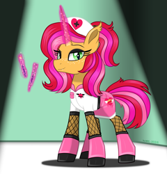 Size: 2103x2195 | Tagged: safe, artist:the_mpc, imported from derpibooru, oc, oc only, oc:strawberry filling, bat pony, bat pony unicorn, hybrid, pony, unicorn, bat pony hybrid, bedroom eyes, boots, clothes, dark room, eyelashes, eyeshadow, fishnet clothing, fishnets, hat, horn, latex, latex boots, looking at you, looking down, looking down at you, makeup, needle, nurse, nurse hat, nurse outfit, pockets, pose, seductive, seductive look, seductive pose, shoes, simple background, skirt, socks, solo, spotlight, stockings, syringe, test tube, thigh highs