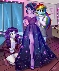 Size: 3354x4000 | Tagged: safe, artist:xjenn9, rainbow dash, rarity, twilight sparkle, equestria girls, blushing, boots, breasts, clothes, dress, feet, female, high heels, kneeling, shoes