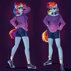 Size: 4000x4000 | Tagged: safe, artist:xjenn9, rainbow dash, anthro, blushing, breasts, clothes, female, shoes, socks, solo, solo female