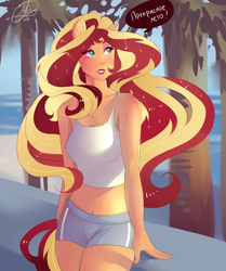 Size: 3336x4000 | Tagged: safe, artist:xjenn9, sunset shimmer, anthro, blushing, breasts, clothes, cyrillic, female, russian, shorts, solo, solo female, tanktop